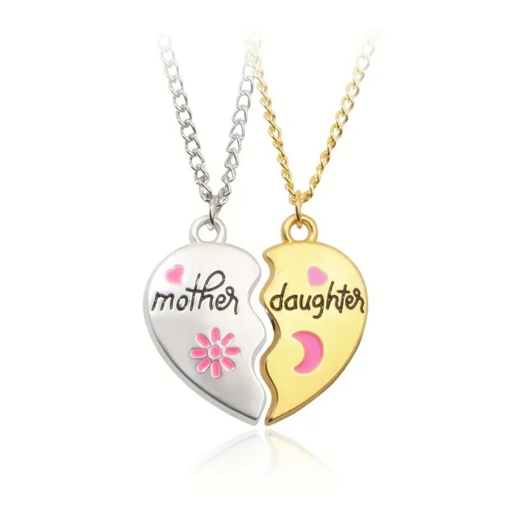Mother Daughter Heart Necklace Set Gold Silver Pendant Jewelry Gift Chain